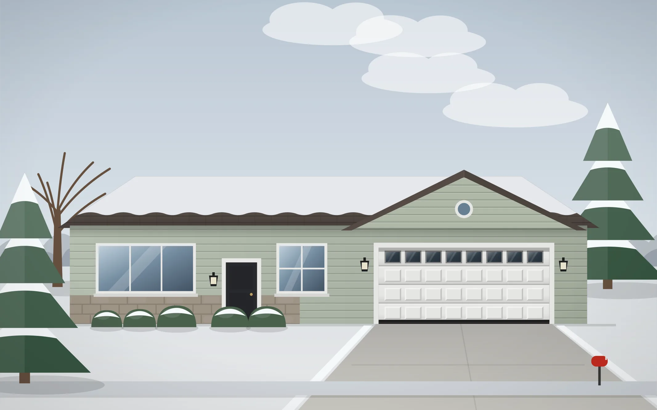 Illustration of a ranch-style home with a white raised-panel garage door in Des Plaines, IL