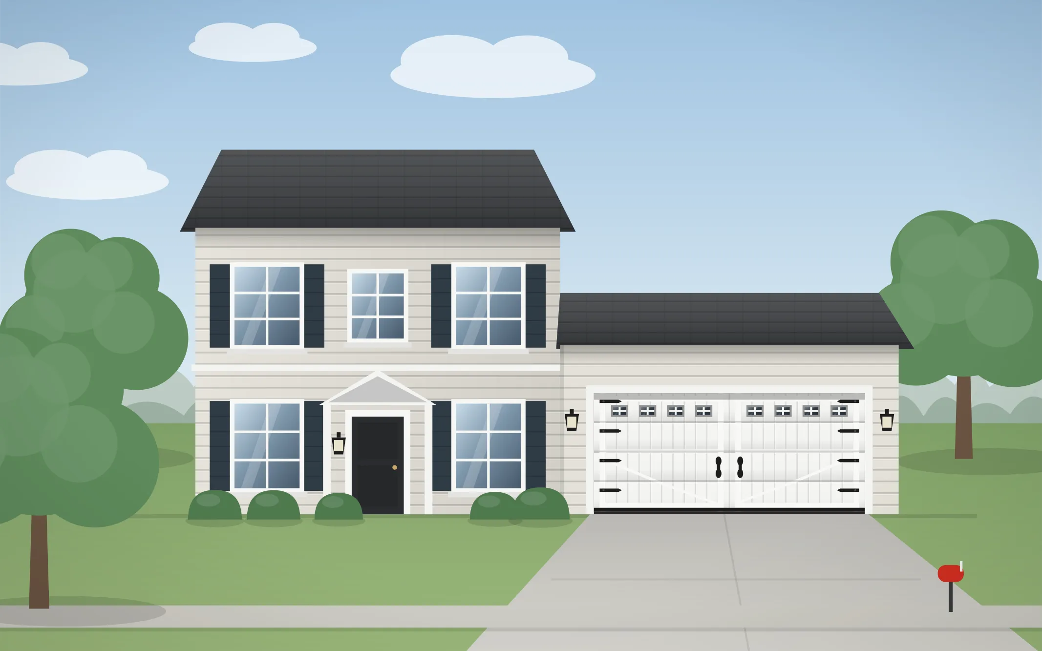 Illustration of a two-story colonial home with a white carriage-house garage door in Elmwood Park, IL