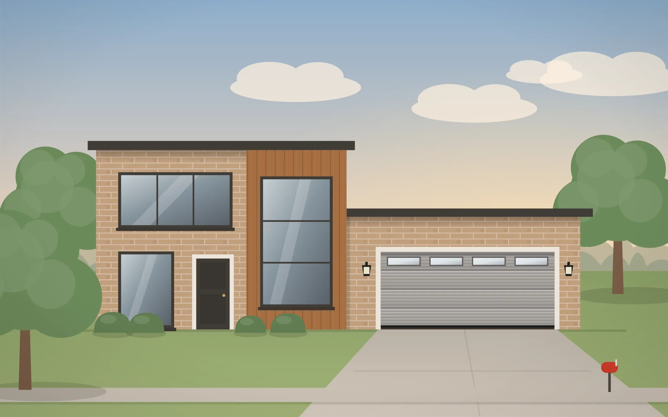 Illustration of a modern home with a gray ribbed garage door in Fox River Grove, IL