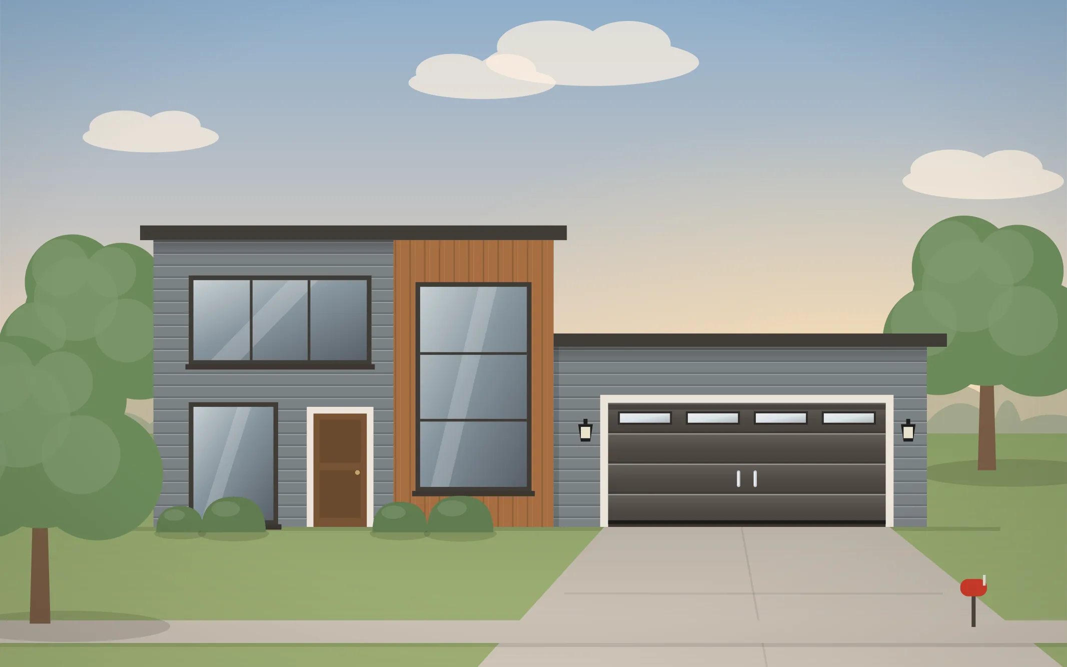 Illustration of a modern home with a charcoal modern garage door in Hidden Lake, IL