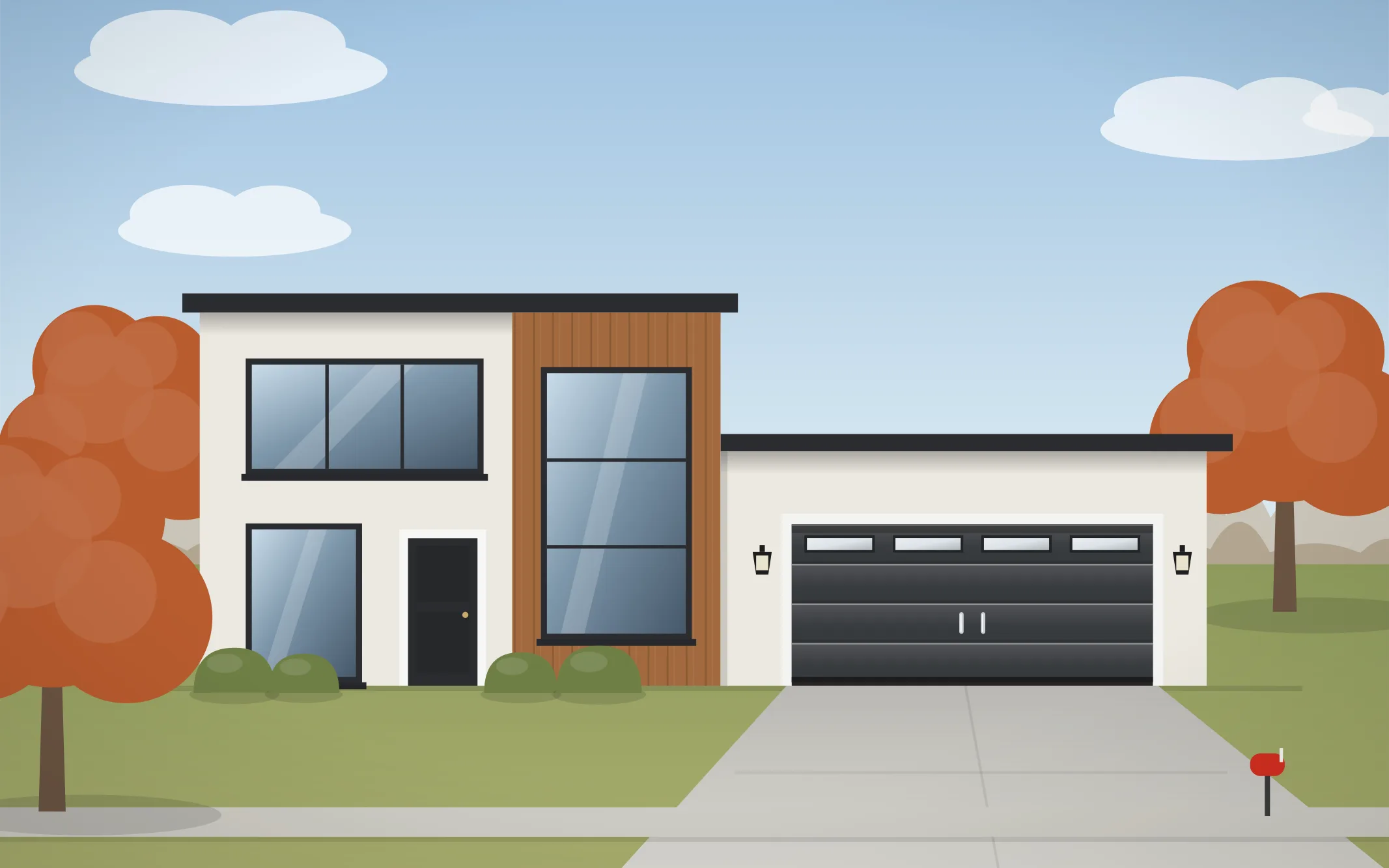 Illustration of a modern home with a charcoal modern garage door in North Aurora, IL