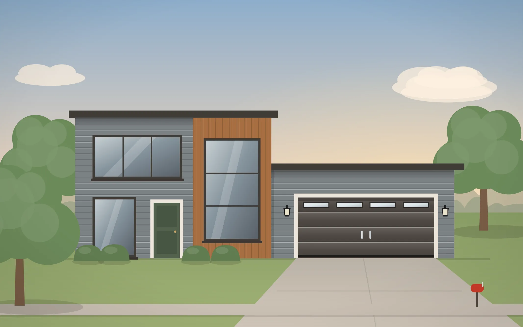 Illustration of a modern home with a charcoal modern garage door in Northbrook, IL