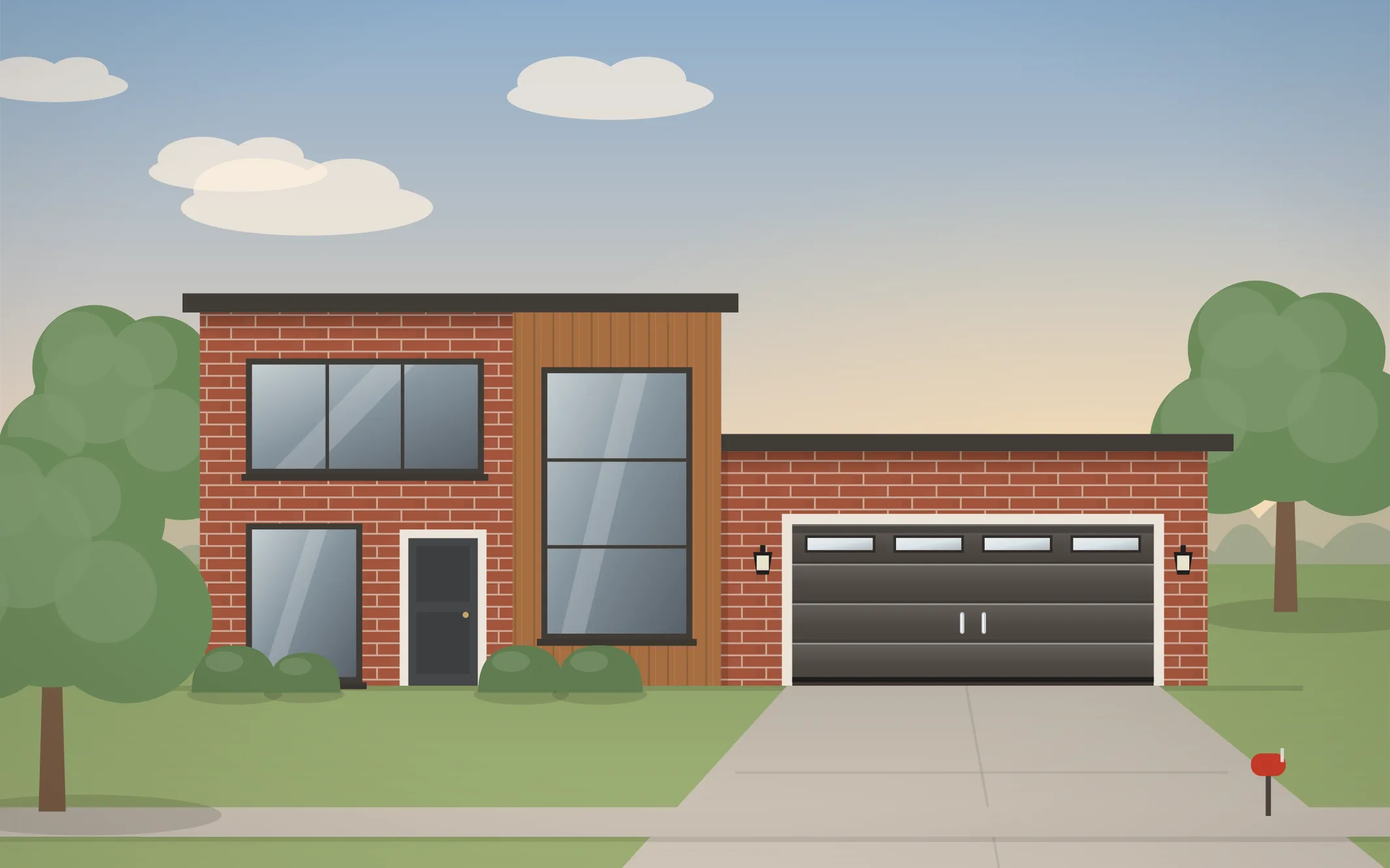 Illustration of a modern home with a charcoal modern garage door in Northlake, IL