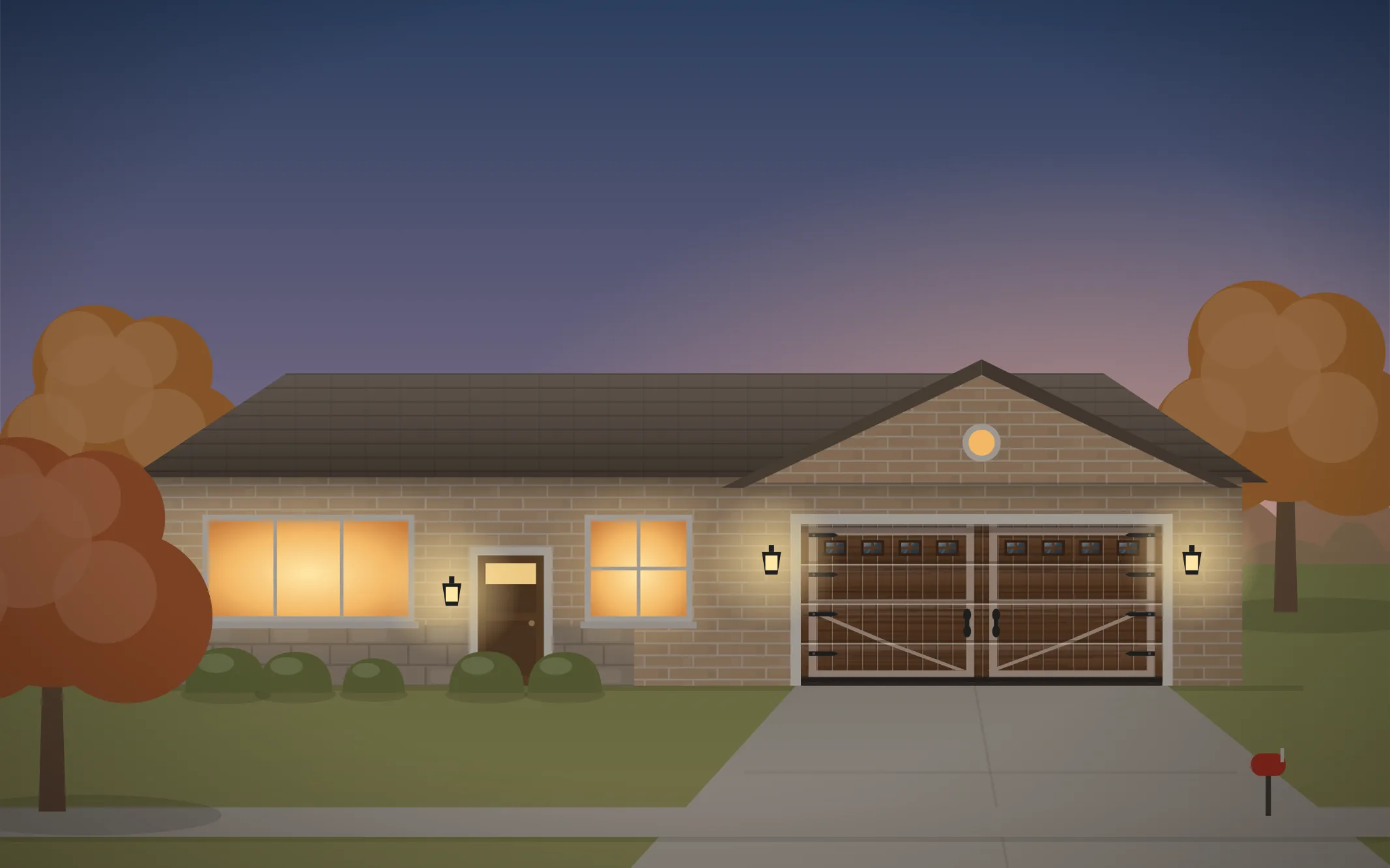Illustration of a ranch-style home with a walnut carriage-house garage door in West Dundee, IL
