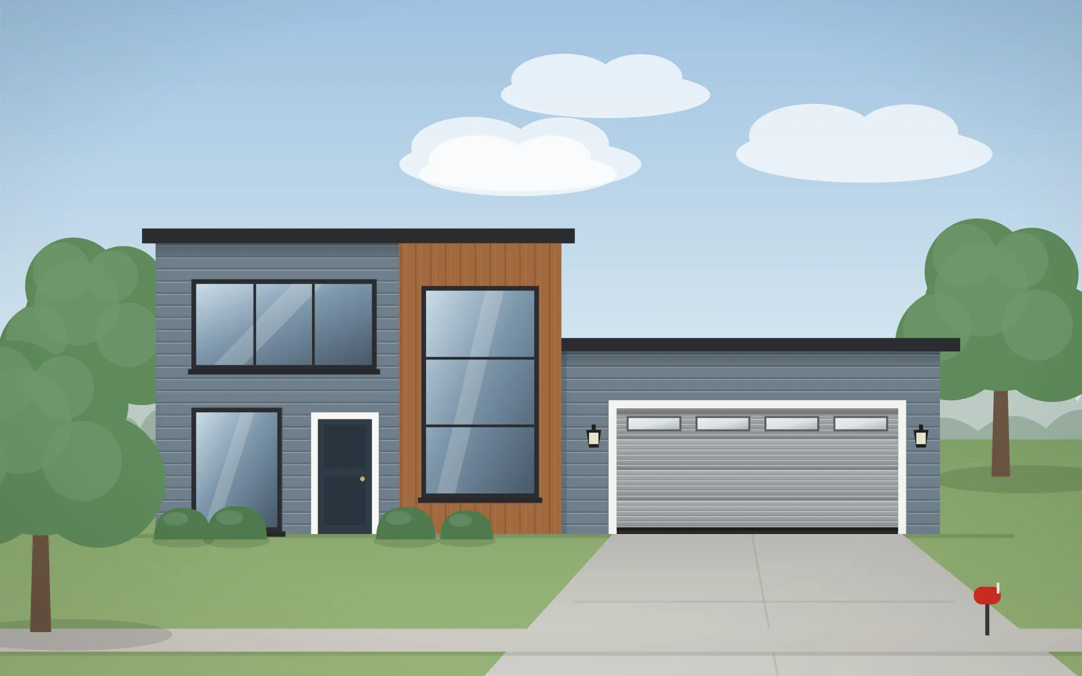 Illustration of a modern home with a gray ribbed garage door in Wood Dale, IL