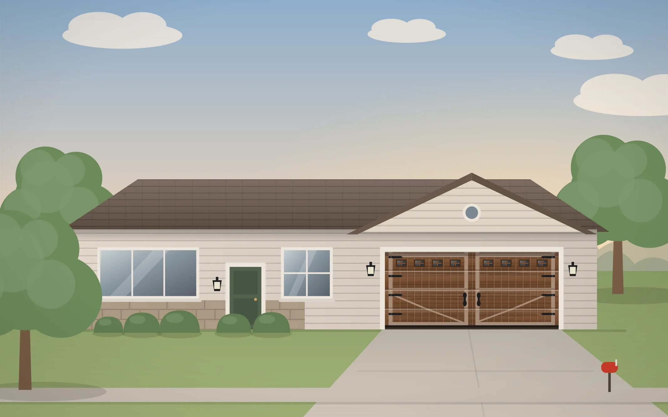 Illustration of a ranch-style home with a walnut carriage-house garage door in Woodstock, IL